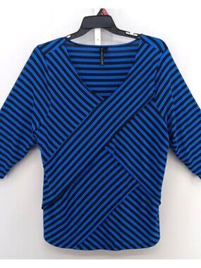Allie & Rob Blouse Women Size 2X Blue Black Striped 3/4 Sleeve V Neck Casual Top